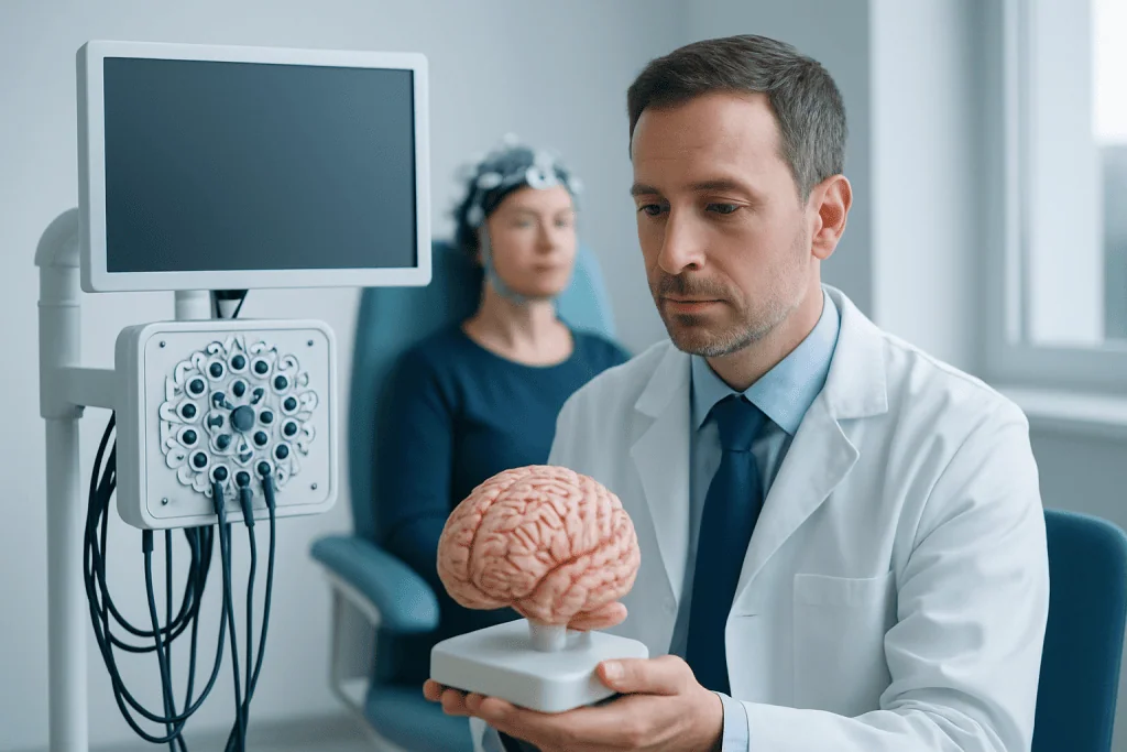 Doctor examining a brain model during a neurological assessment at Acibadem Hospital.