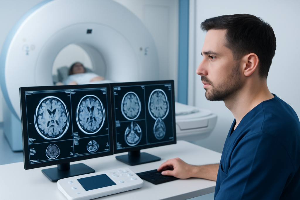 Neuroradiologist analyzing brain MRI scans in a medical imaging room.