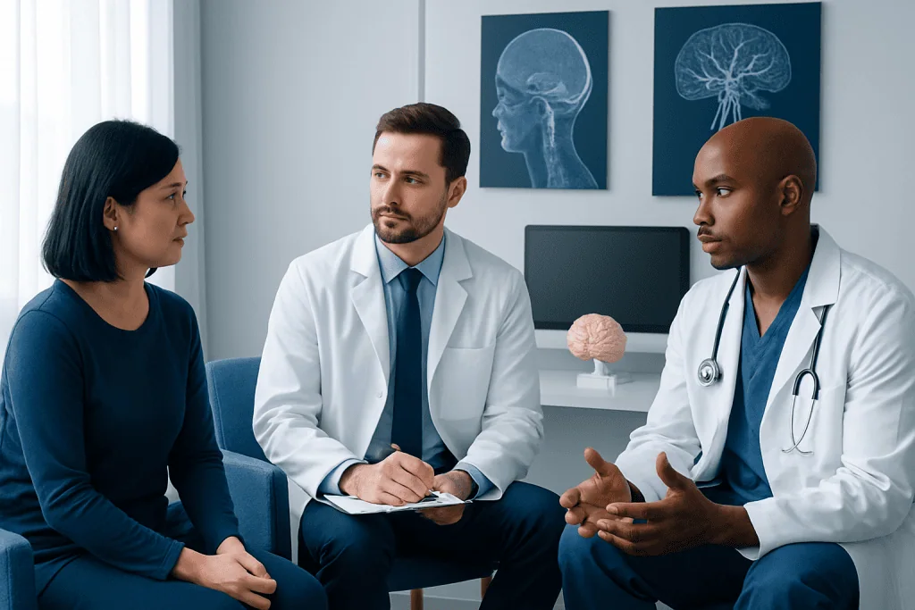 Medical consultation on brain health with doctors discussing treatment options.