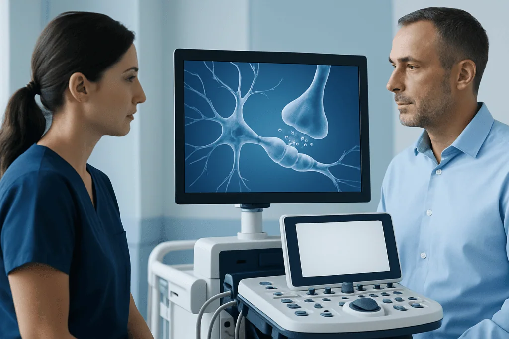 Medical professionals discussing a neural scan in a hospital setting.