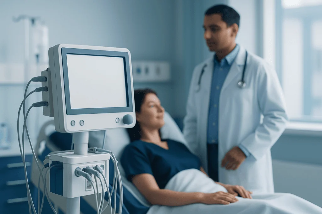 Doctor and patient in hospital room with medical monitor.