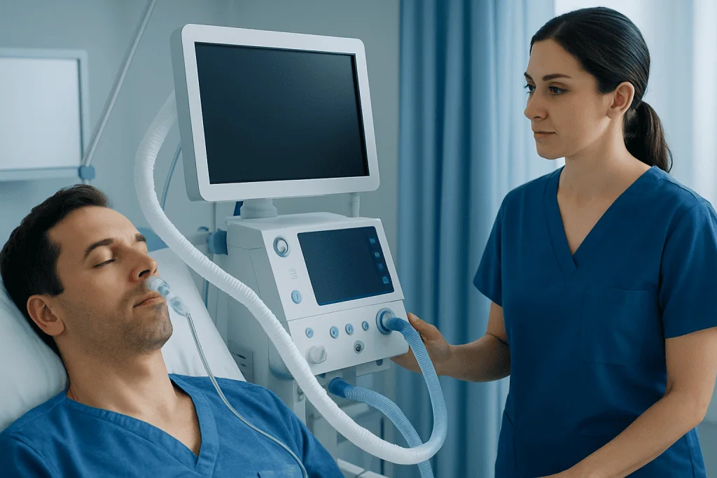 Patient receiving medical ventilation treatment in hospital.