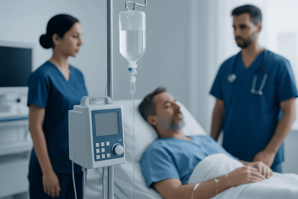 Hospital scene with patient and medical staff in a clinical setting.