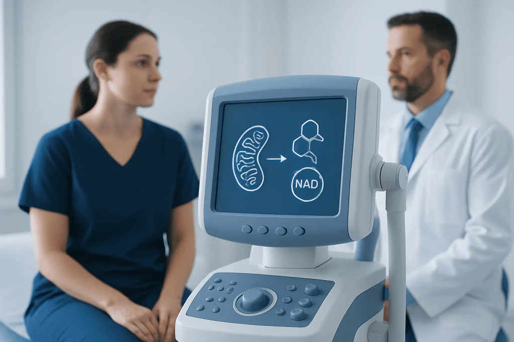Medical professionals discussing mitochondrial health with diagnostic equipment.