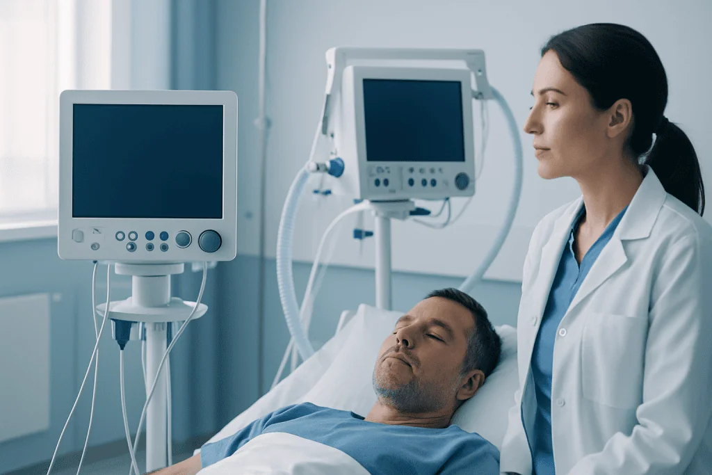 Medical professional monitoring patient in hospital room with monitors.