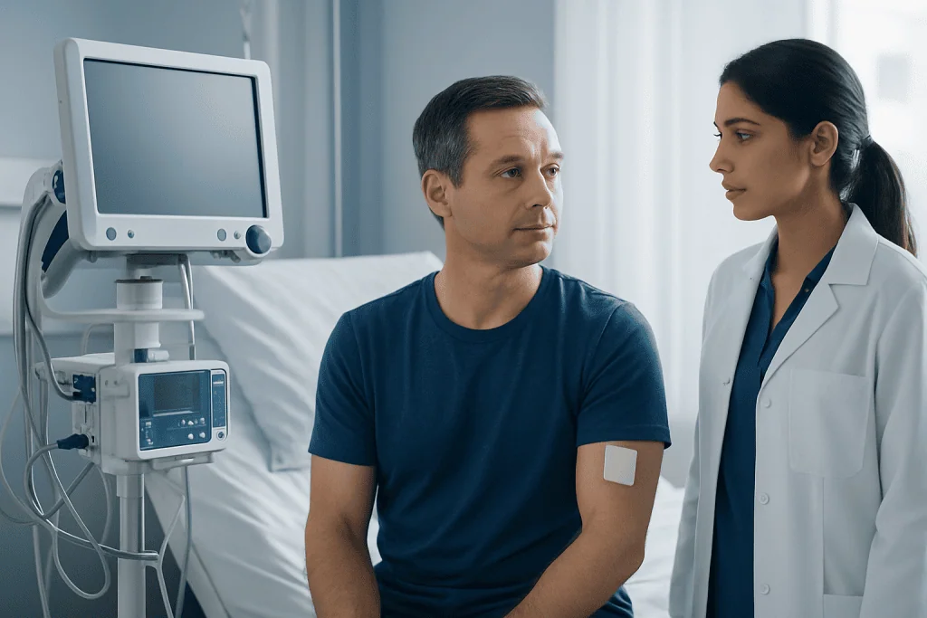 Patient in hospital bed talking to a healthcare professional.