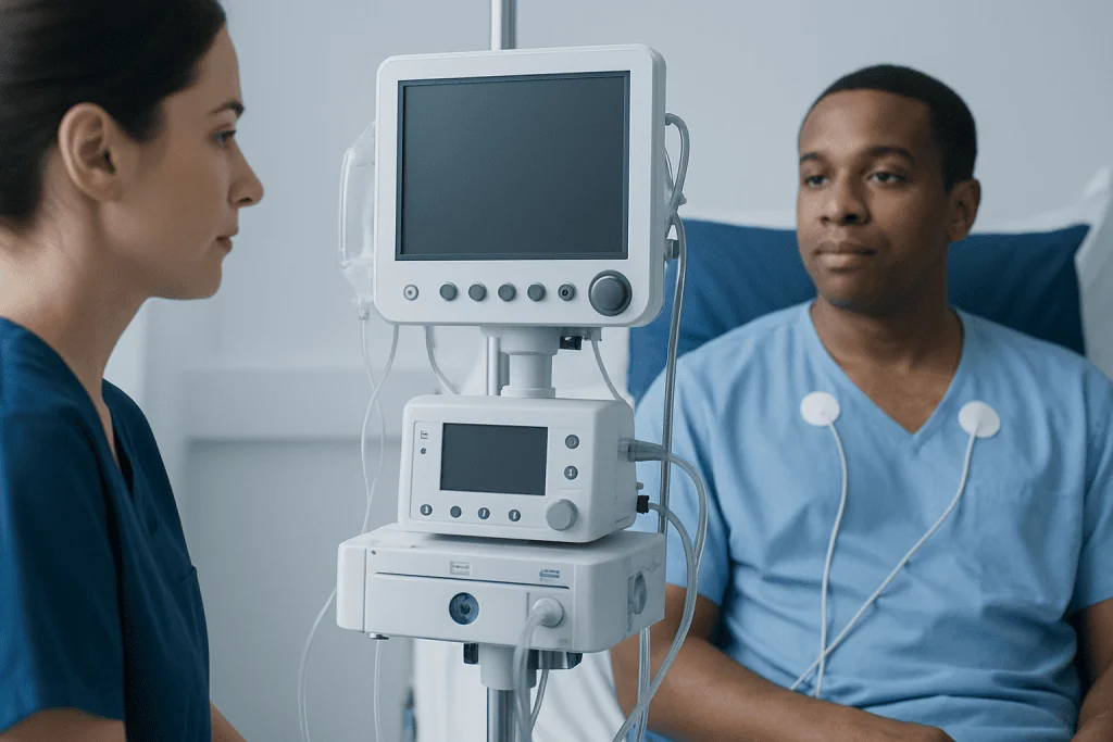 Doctor and patient in hospital room with medical monitor and equipment.
