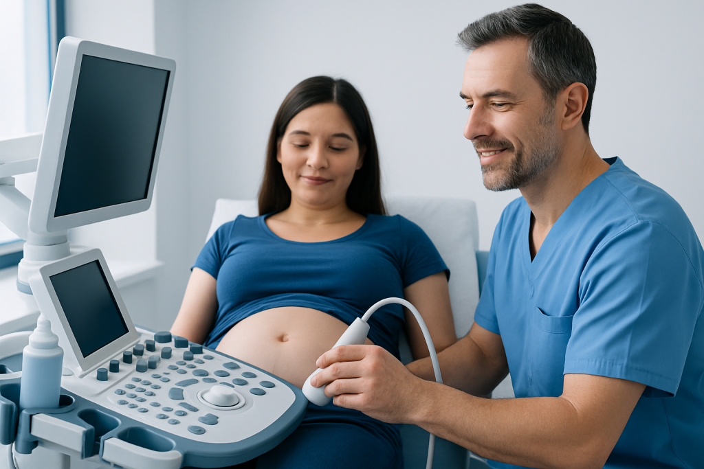 Doctor performing an ultrasound on a pregnant woman in a medical clinic.