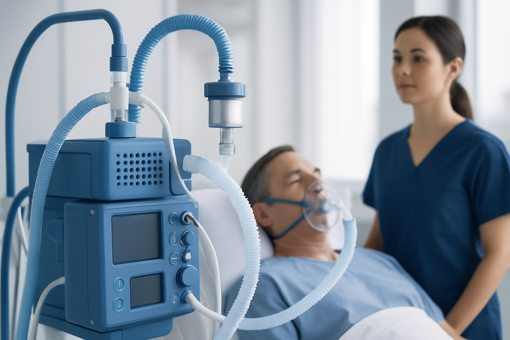 Patient receiving oxygen therapy with medical ventilator at Acibadem Hospital.