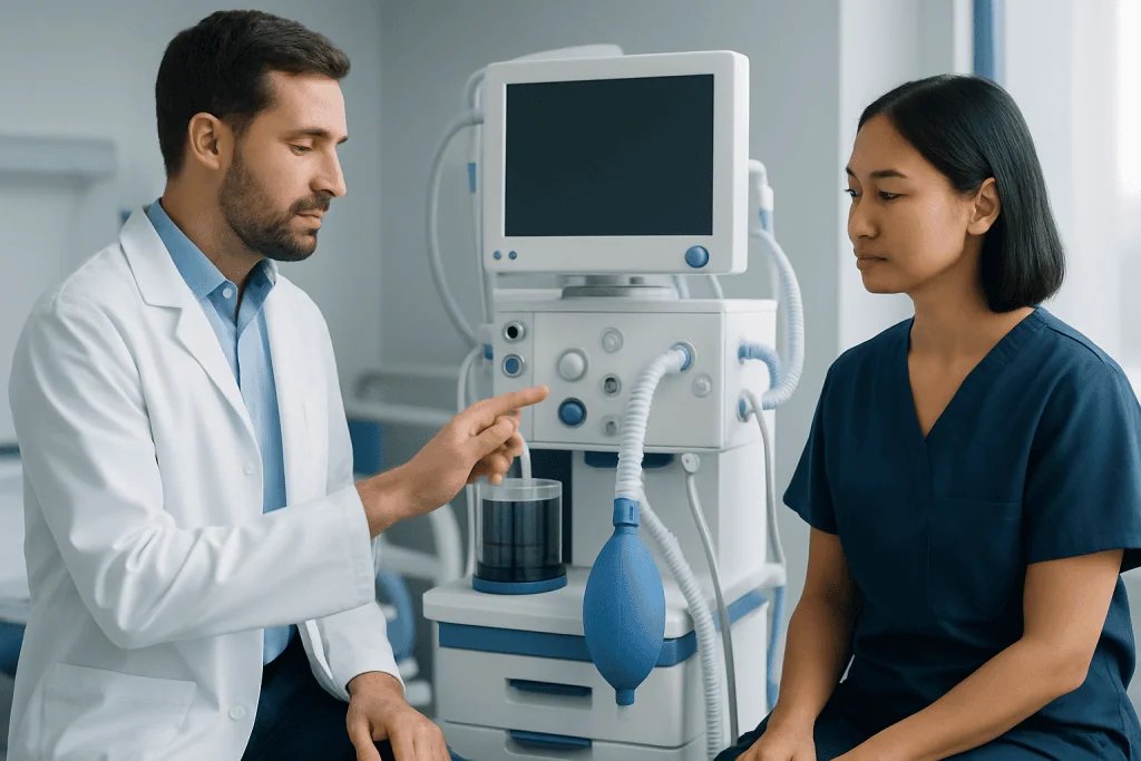 Doctor explaining medical equipment to a patient in a hospital setting.