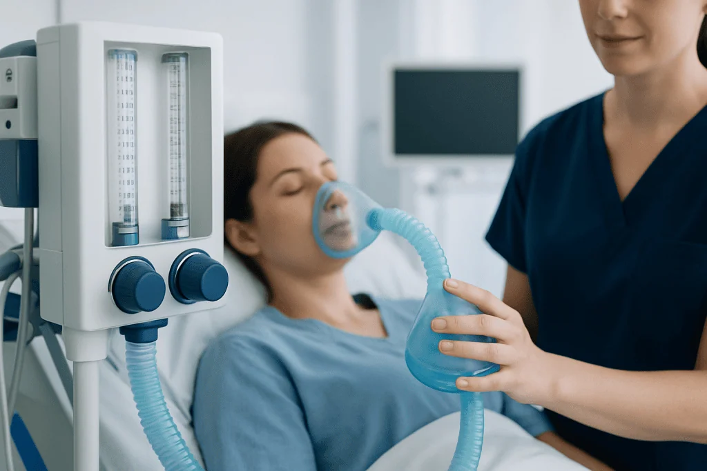 Patient receiving nitrous oxide anesthesia in a hospital setting.