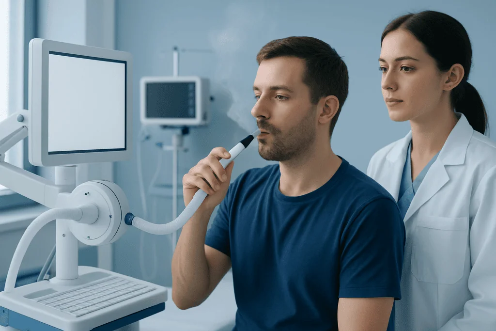 Patient undergoing lung function test with medical professional in hospital.