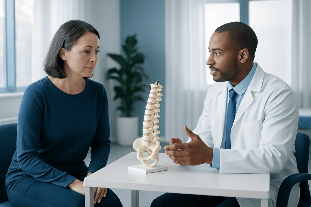 Doctor explaining spinal health to a patient in a consultation room.