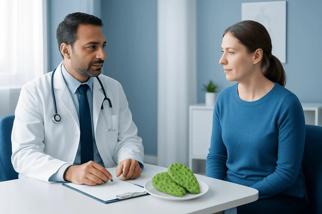 Doctor consulting a patient in a modern medical office with a green model of a stomach.