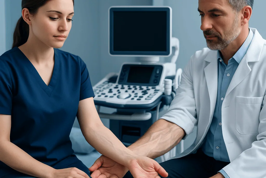 Doctor examining patient's arm in a medical clinic setting.