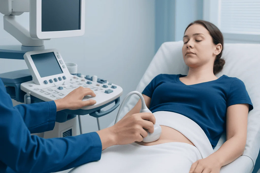 Medical ultrasound examination of a pregnant woman in a hospital setting.
