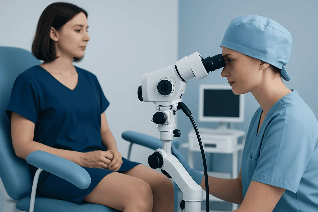 Gynecologist examining patient with microscope in clinic setting.