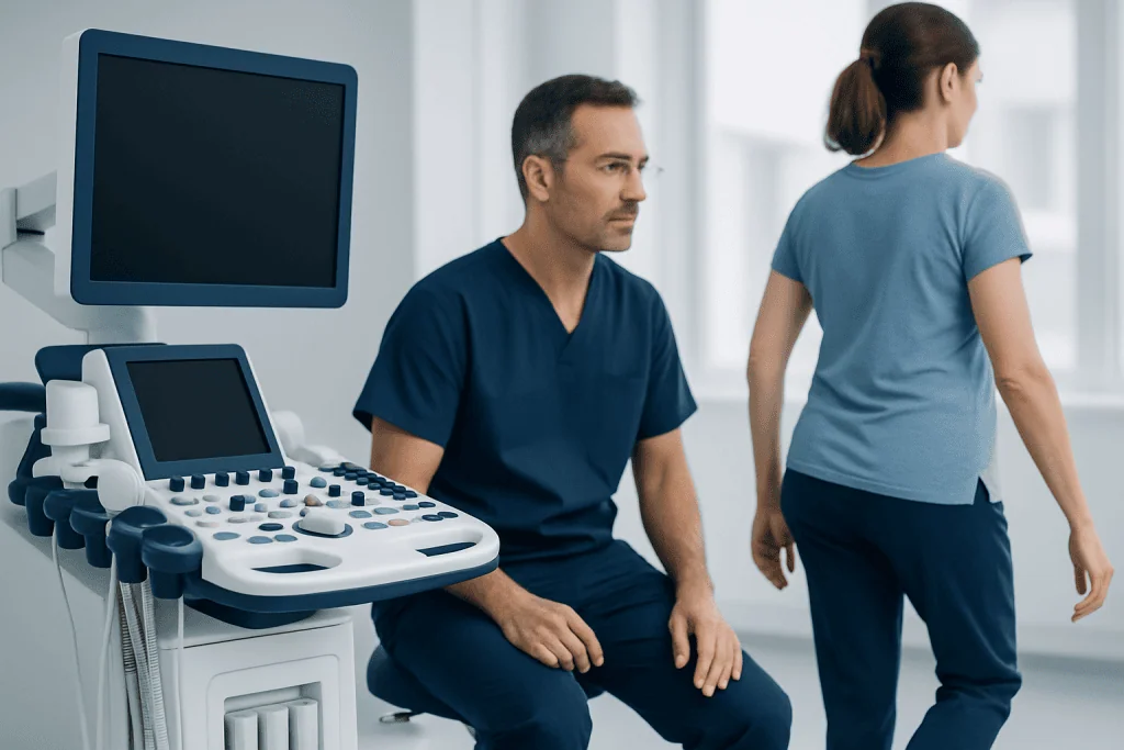 Medical professional performing an ultrasound examination on a patient.
