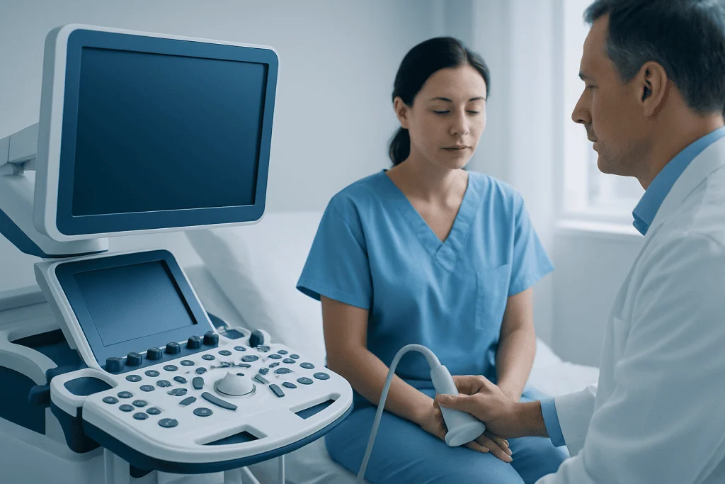 Medical professional performs ultrasound examination on patient in clinic.
