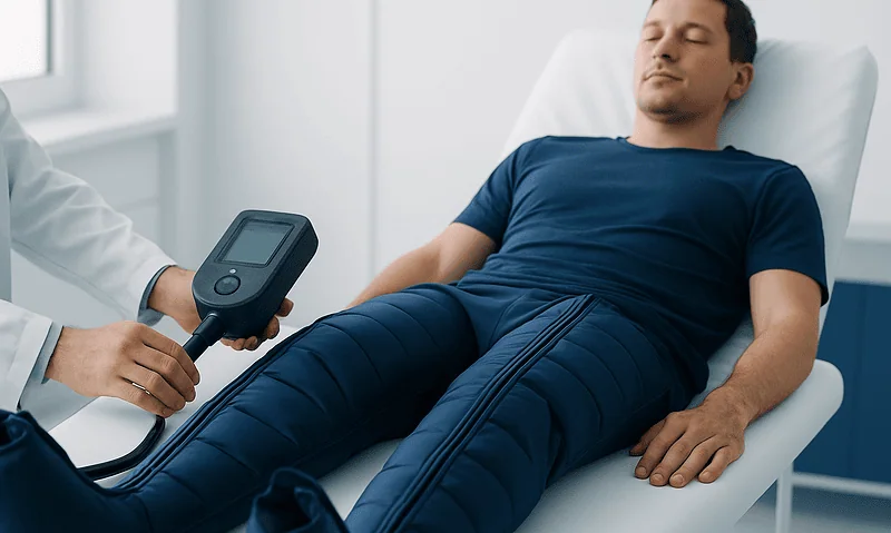 Patient undergoing Normatec compression therapy at Acibadem Hospital.