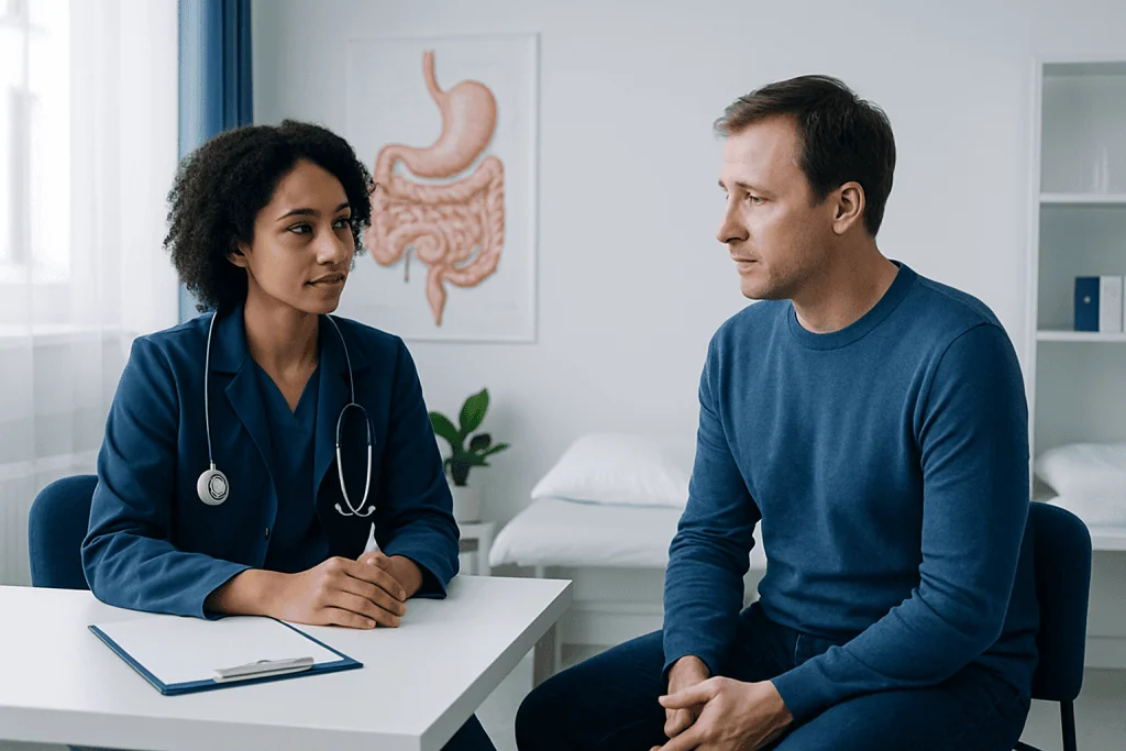 Doctor consulting with male patient in medical office with digestive system diagram.
