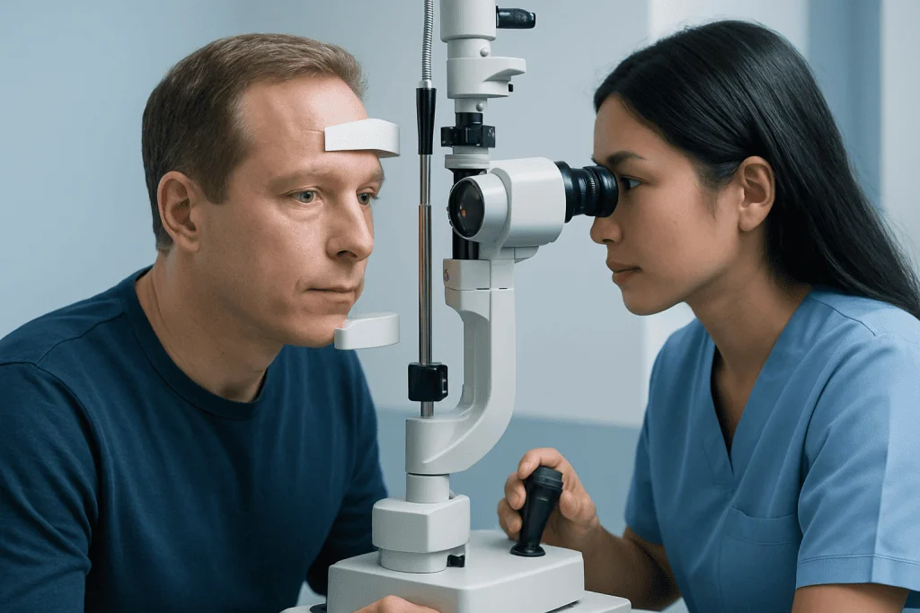 Eye examination using slit lamp at Acibadem Hospital.