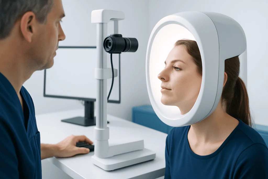 Ophthalmologist examining a patient's eye with specialized equipment.