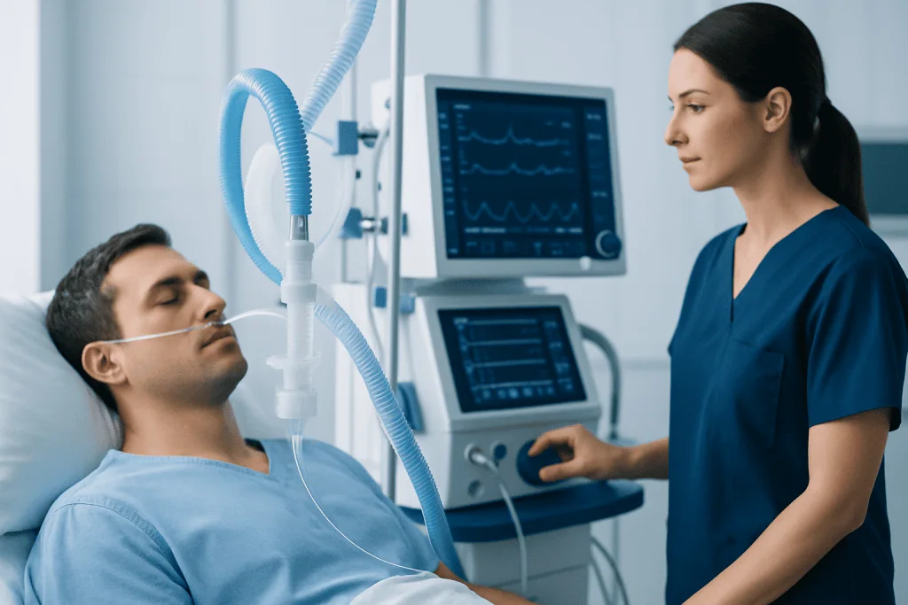 Medical professional monitoring patient on ventilator in hospital ICU.