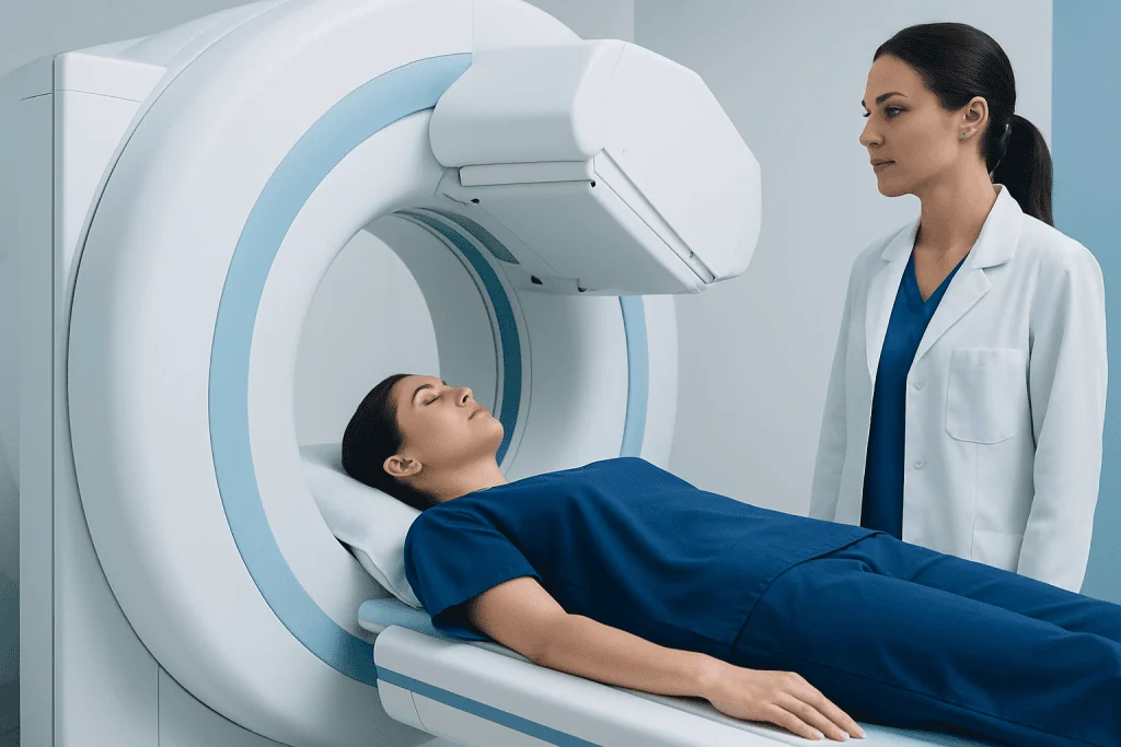 Patient undergoing a nuclear medicine scan in a medical facility.