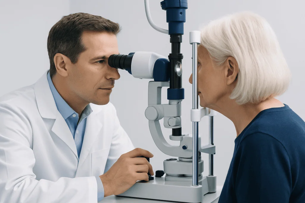 Optometrist examining elderly woman's eye with slit lamp.