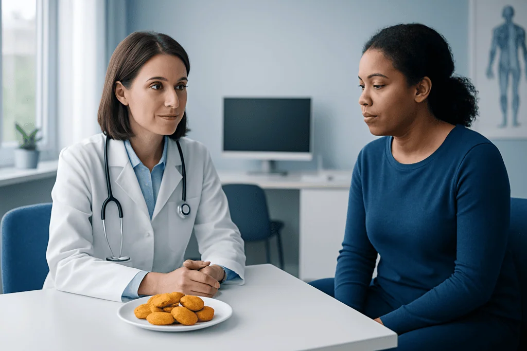 Doctor discussing chicken nuggets with patient in medical consultation room.