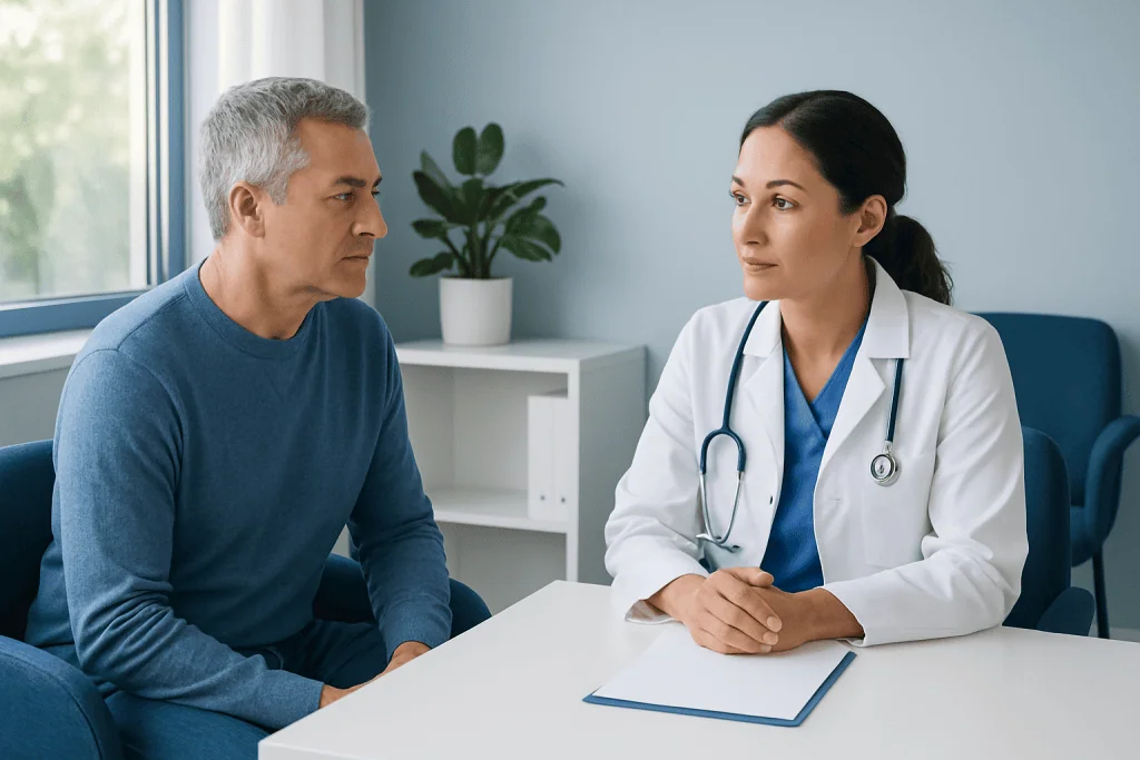 Doctor consulting with a male patient in a medical office setting.
