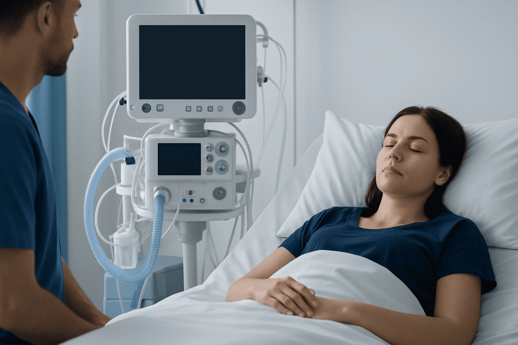 Young woman resting in hospital bed with medical monitor nearby.