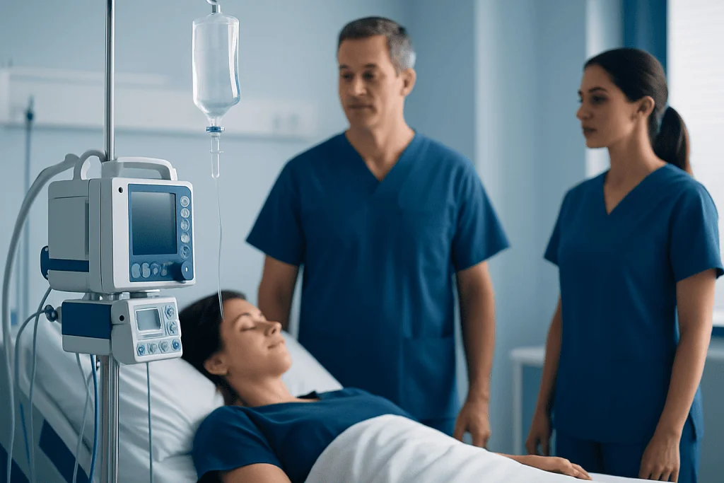 Medical professionals monitor a patient in a hospital bed with medical equipment.