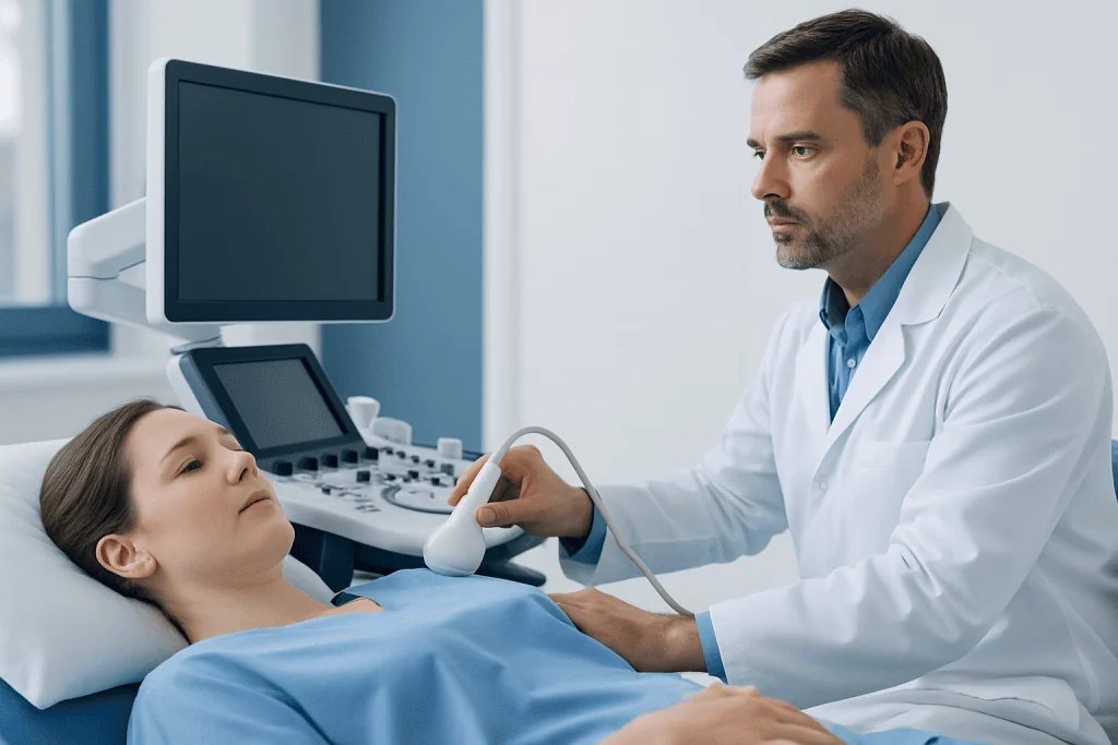 Doctor performing an ultrasound scan on a patient in a hospital room.