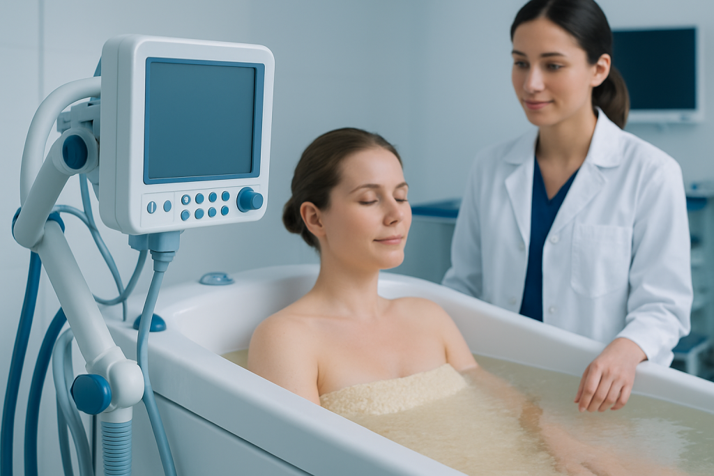 Patient in a medical bath with healthcare professional at Acibadem Hospital.