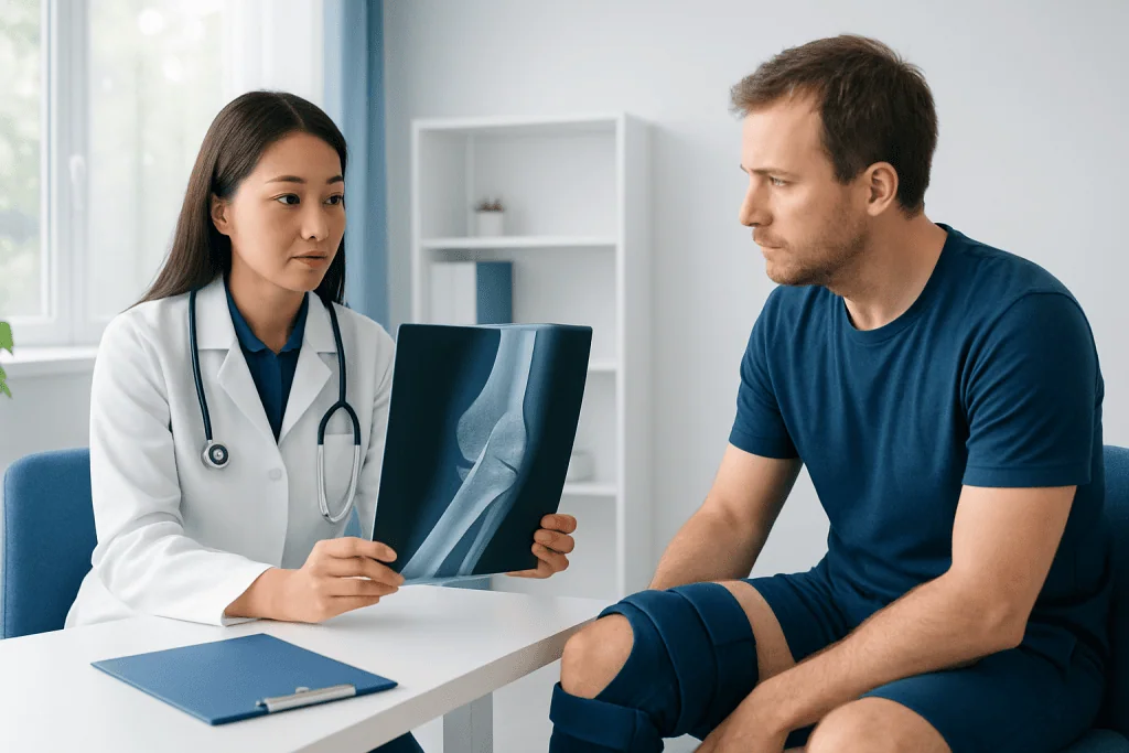 Doctor explaining X-ray to patient with knee injury in clinic.
