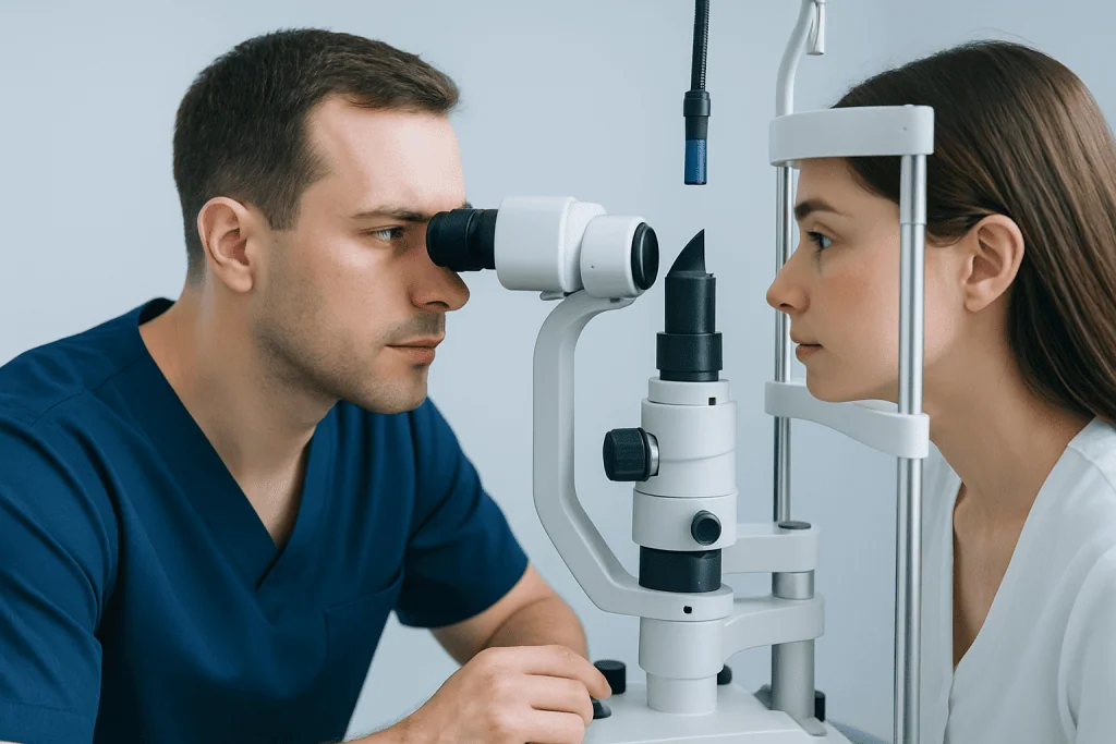 Optometrist examines patient's eye with slit lamp in clinic.