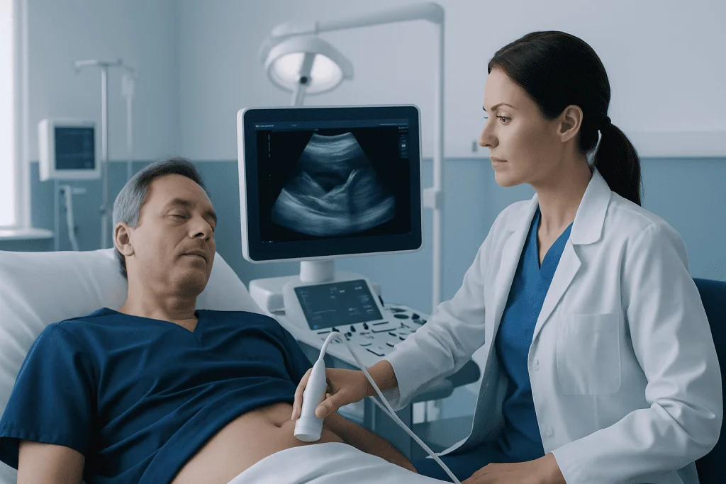 Doctor performing ultrasound exam on male patient in hospital.