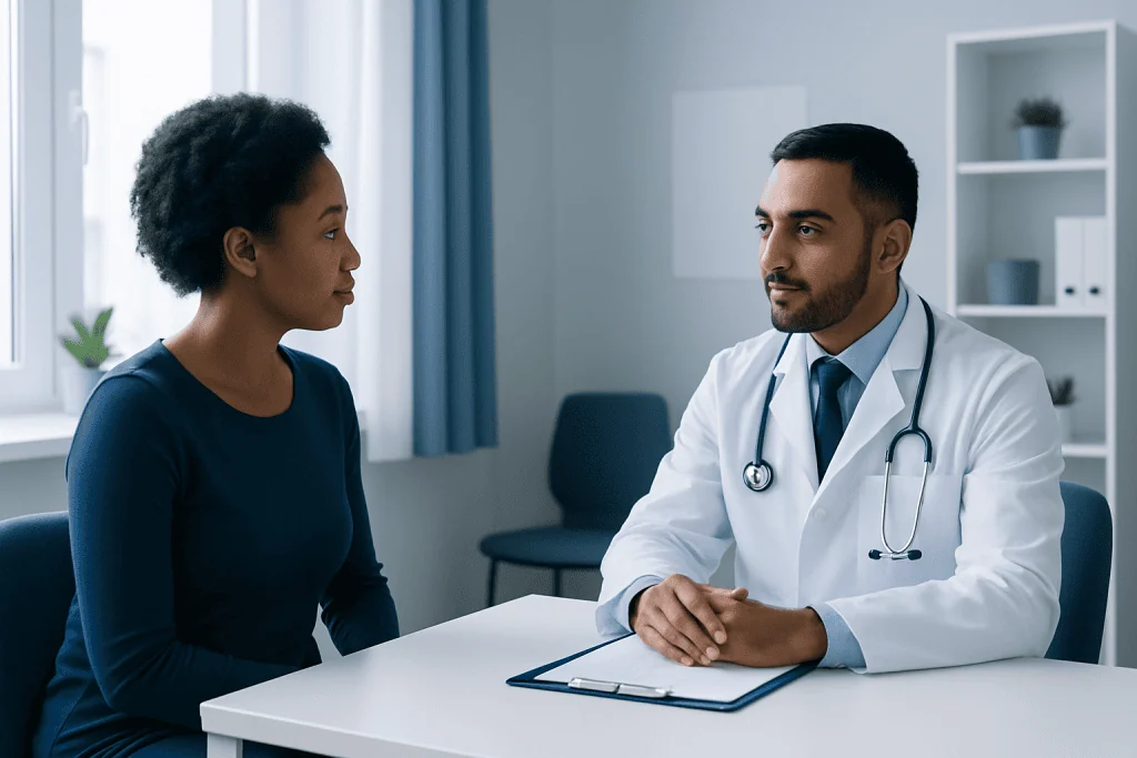 Doctor consulting with a female patient in a modern medical office.