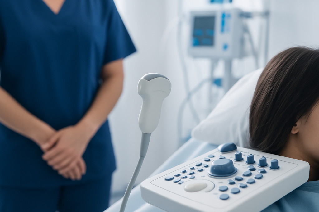 Medical ultrasound device used for diagnostic imaging in a hospital setting.