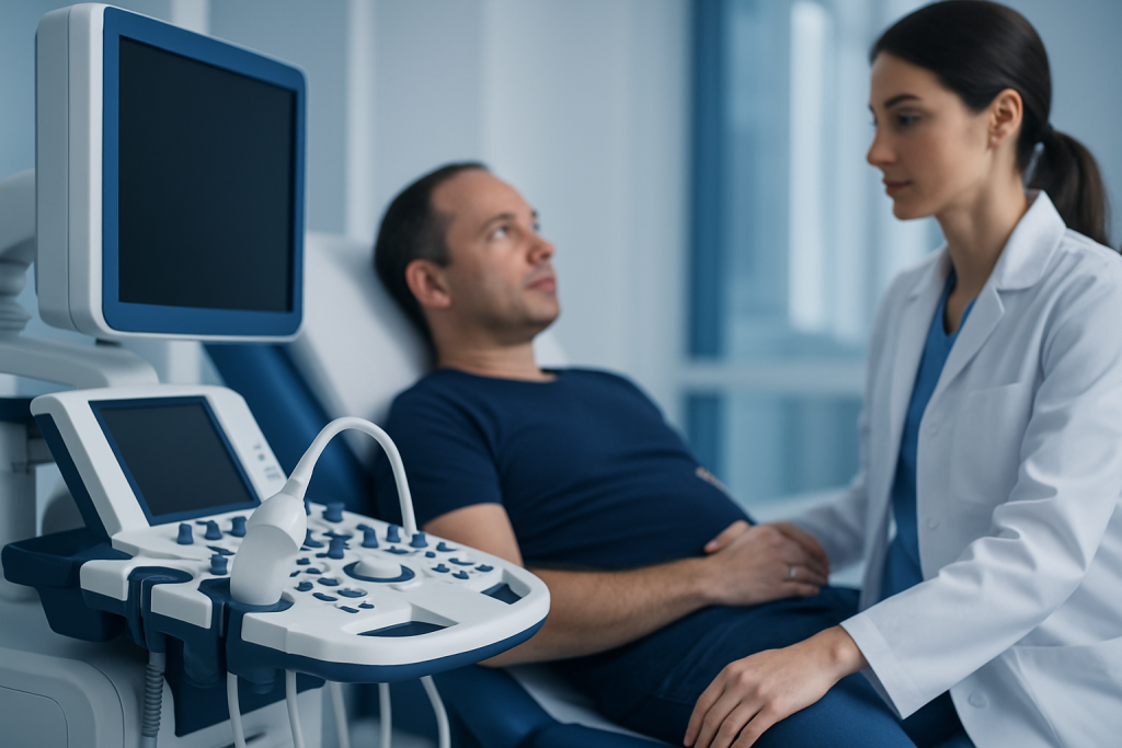 Doctor performing an ultrasound examination on a male patient in a hospital.
