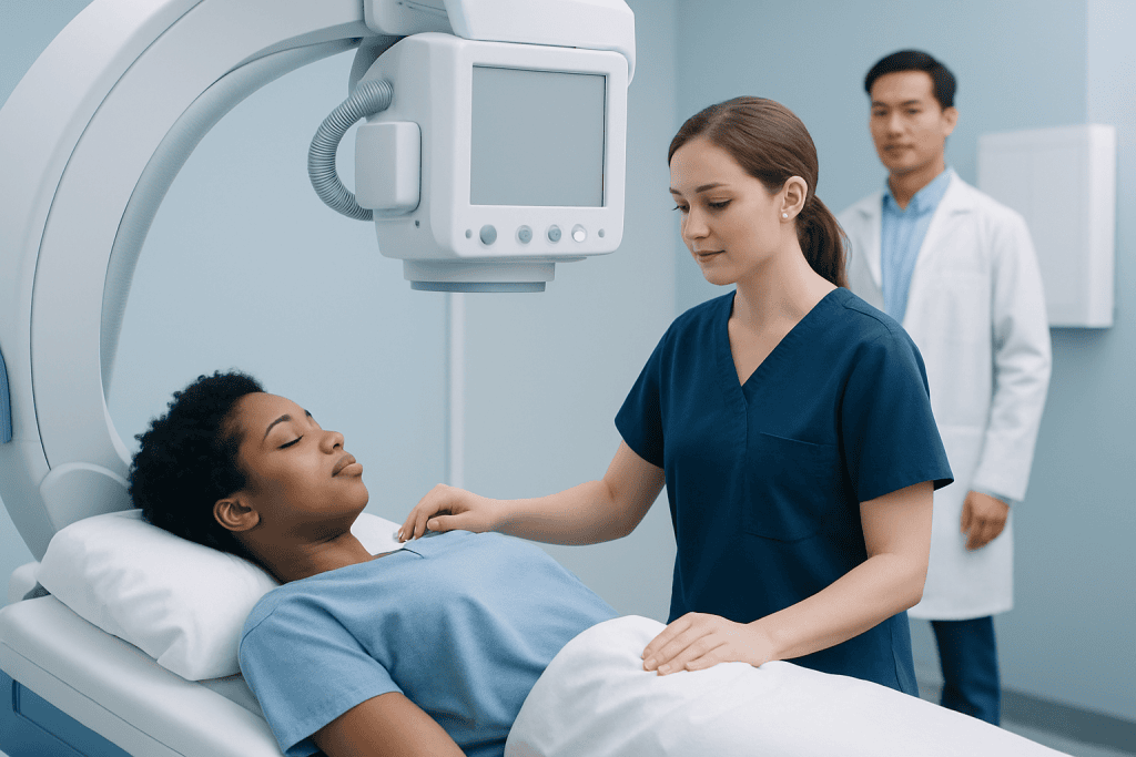 Medical professionals perform an imaging procedure on a patient in a hospital setting.