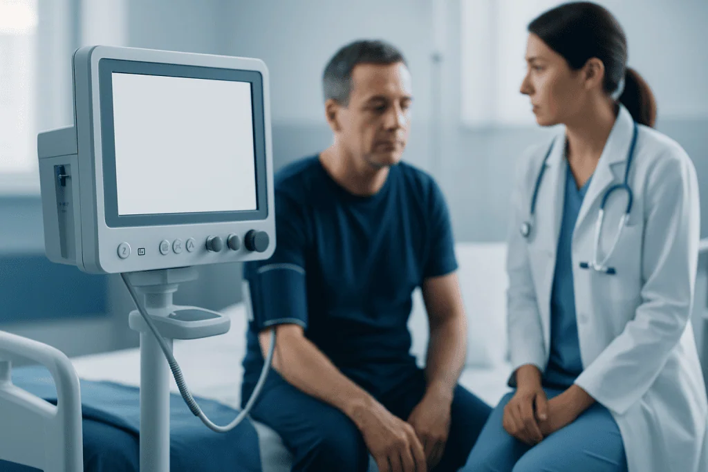 Doctor consulting with patient in hospital room with medical monitor.