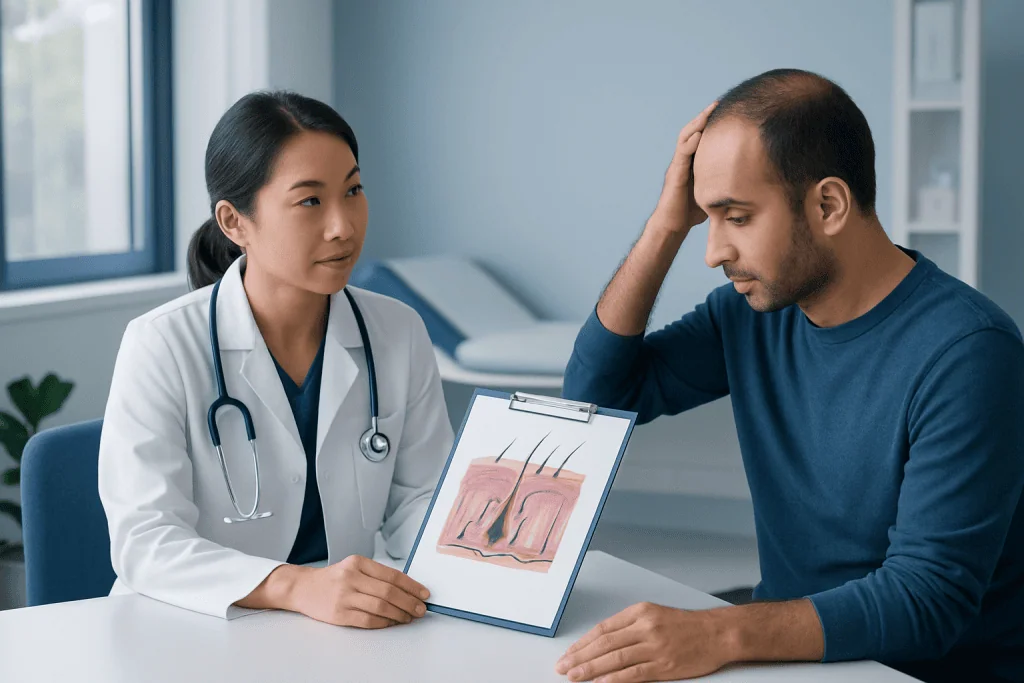 Doctor explaining hair follicle diagram to patient in consultation room.