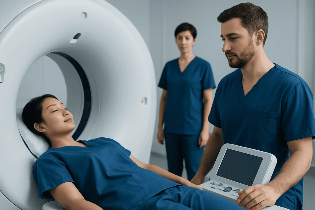 Medical professionals preparing a patient for a CT scan at Acibadem Hospitals.