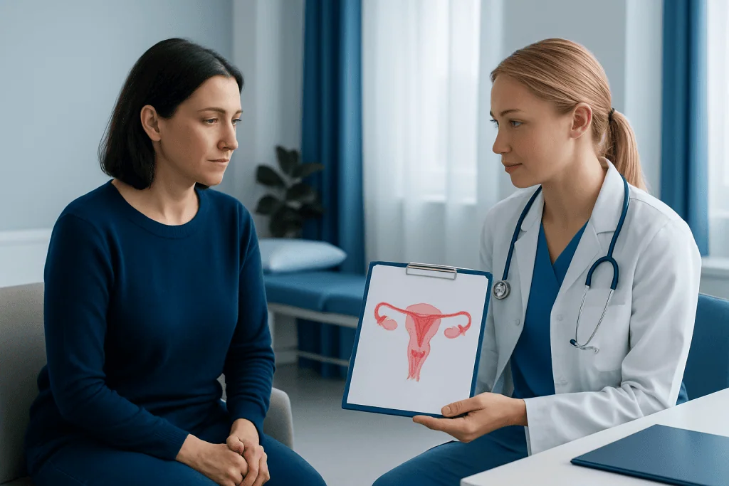 Gynecologist explaining uterine health to a patient in a clinic setting.