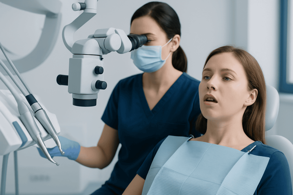 Dentist examining patient with dental microscope in clinic.