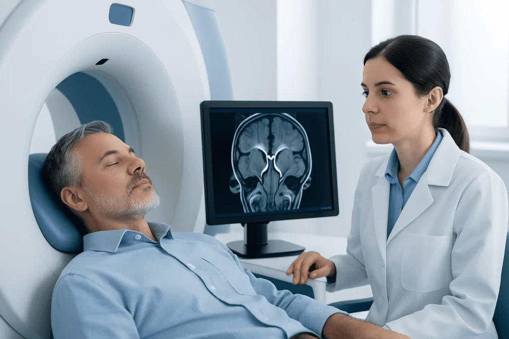 Patient undergoing brain MRI scan at Acibadem Hospital.