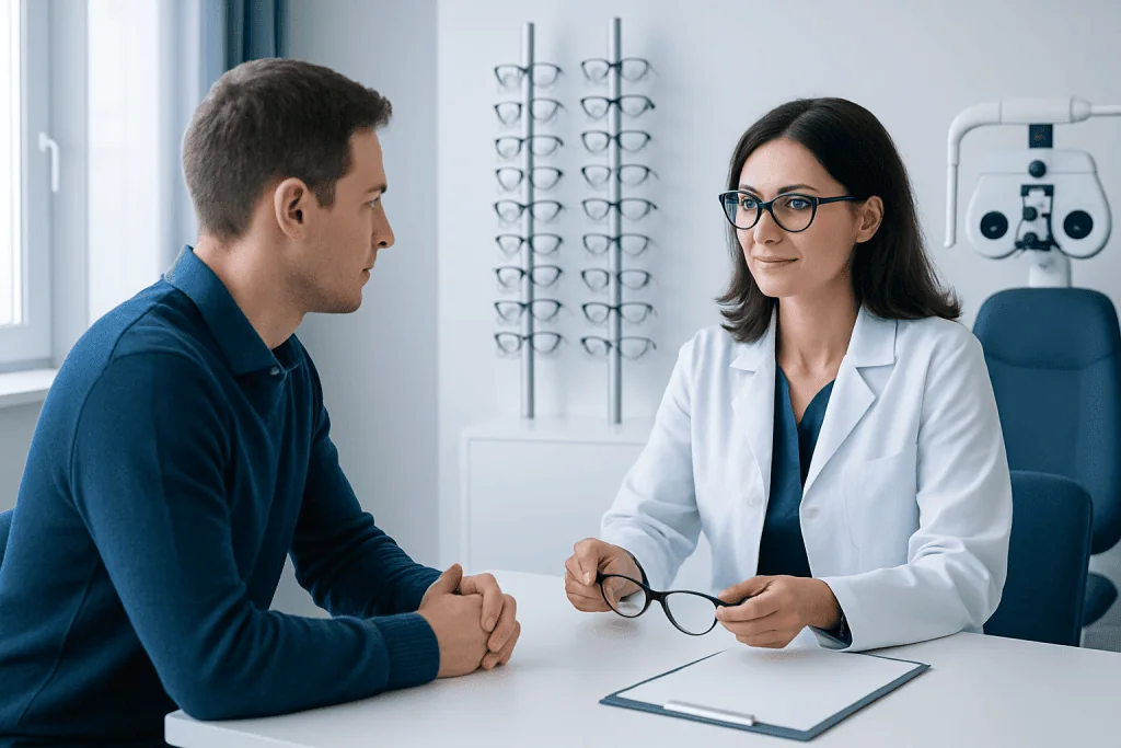 Optician consulting with a patient in an eye care clinic.